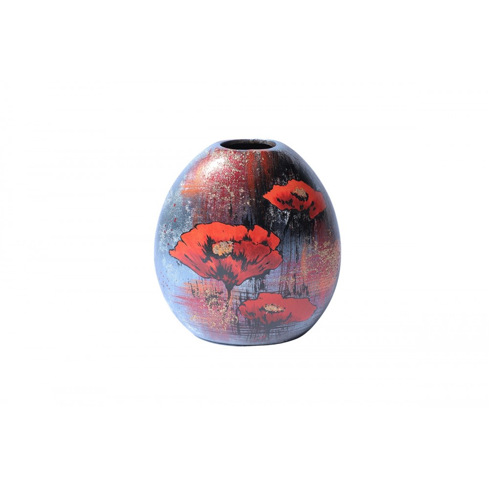 Vase Rond Motif Coquelicot Rouge 26,5 Cm En Céramique Peint A La Main