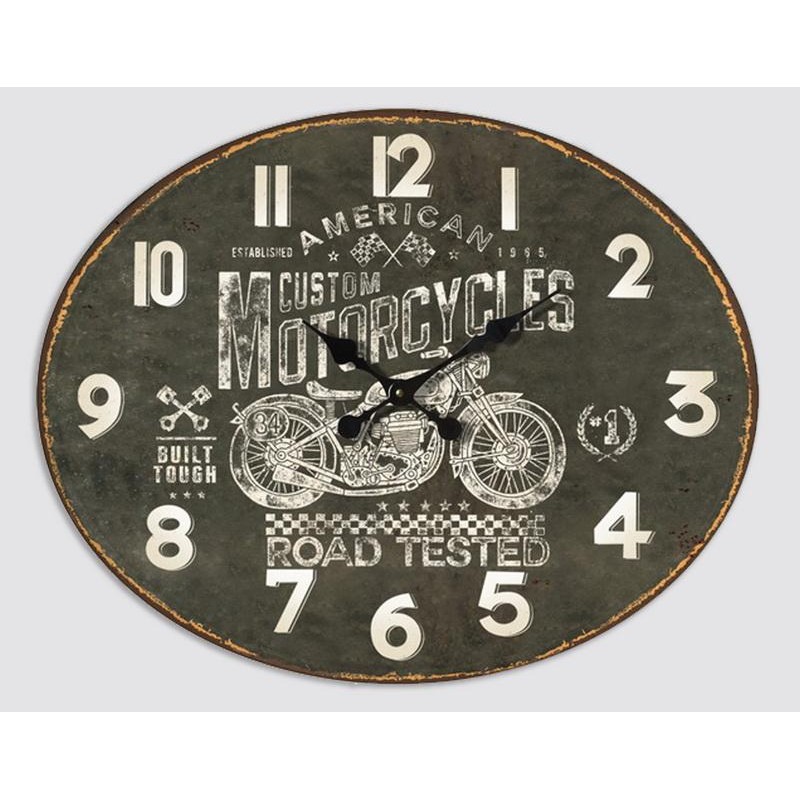 Horloge Murale Ovale 49 X 39 Cm Motorcyles Métal Noir