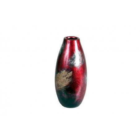 Vase Art Ovale Rouge-Or-Argent 30 Cm En Céramique Peint A La Main