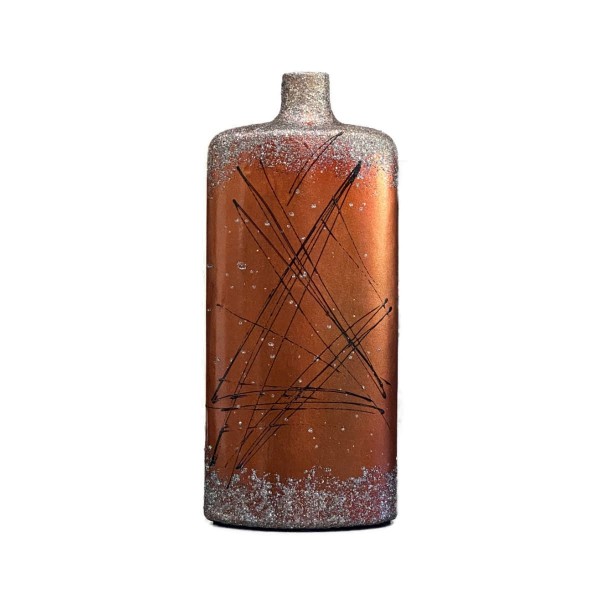 Vase Bouteille Motif Explosion Filaire Marron Orangé & Gris 36 Cm En Céramique Peint A La Main