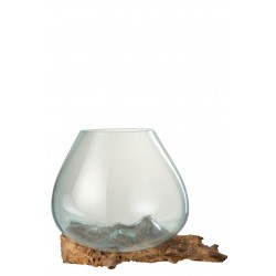 Vase Moulé Sur Pied Bois & Verre Recyclé 33,5 Cm
