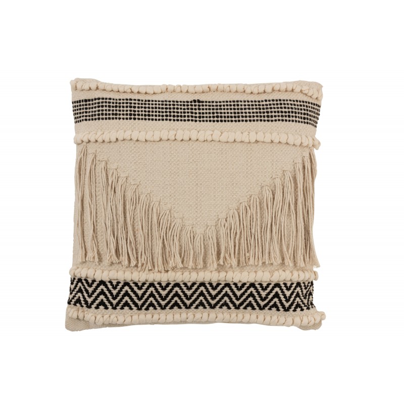 Coussin En Coton Avec Broderies Et Franges Noir & Blanc