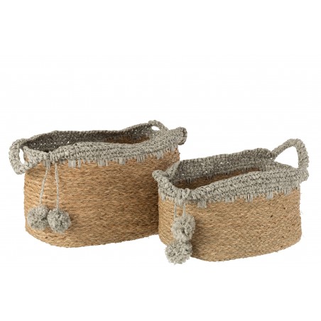 Set De 2 Paniers Déco Ovales En Rotin Naturel & Gris Clair