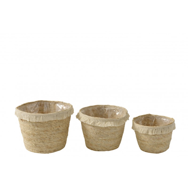 Set De 3 Paniers Déco Avec Franges En Ecorce De Mais & Coton Beige