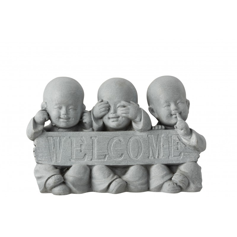 Statue Déco Moines "Welcome" En Résine Gris 41,5 Cm