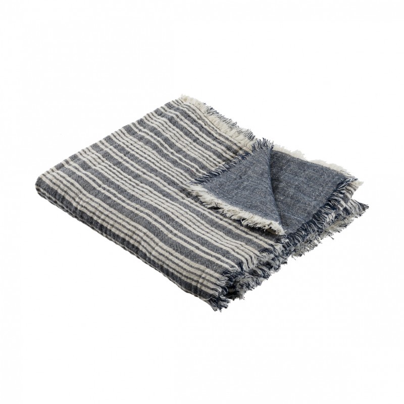 Plaid Célestine Réversible Gaze De Coton Rayures Matelas Denim