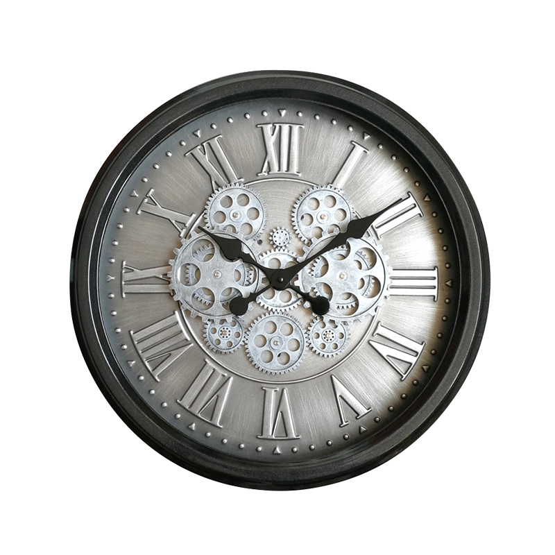 Horloge Murale Ø 52,5 Cm Métal Mécanisme Apparent Fond Argenté