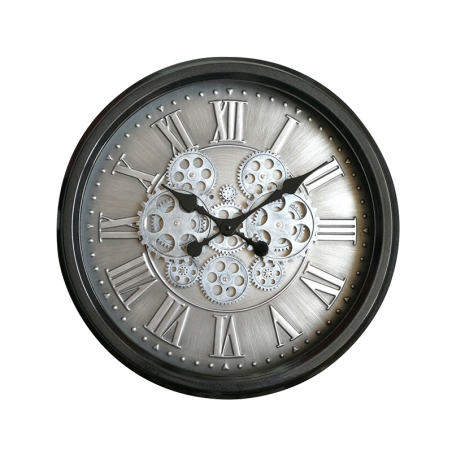 Horloge Murale Ø 52,5 Cm Métal Mécanisme Apparent Fond Argenté